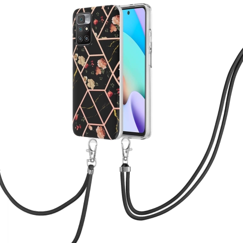 

For Xiaomi Redmi 10 Electroplating Splicing Marble Flower TPU Phone Case with Lanyard(Black Flower)