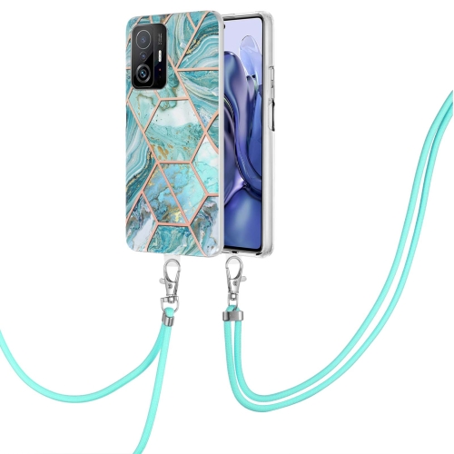 

For Xiaomi Mi 11T / Mi 11T Pro Electroplating Splicing Marble TPU Phone Case with Lanyard(Blue)