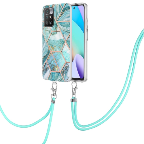 

For Xiaomi Redmi 10 Electroplating Splicing Marble TPU Phone Case with Lanyard(Blue)