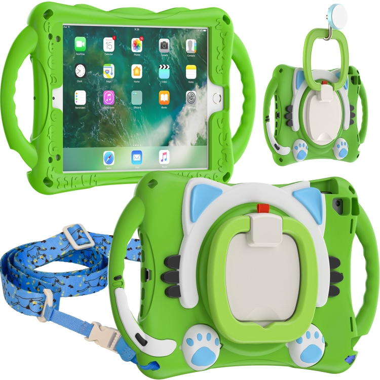 

Cute Cat King Kids Shockproof EVA Protective Case with Holder & Shoulder Strap & Handle For iPad 9.7 2018 / 2017 / Air / Air 2 / Pro 9.7(Green)