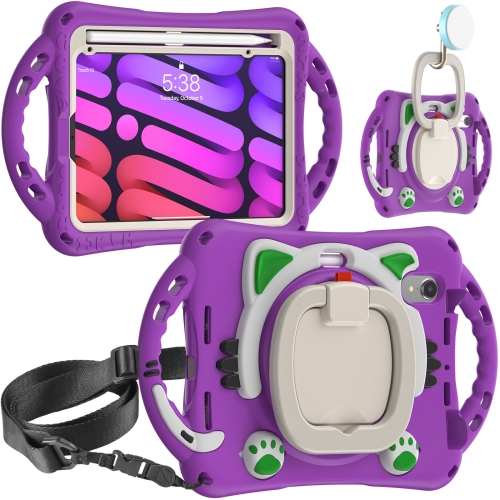 

Cute Cat King Kids Shockproof EVA Protective Case with Holder & Shoulder Strap & Handle For iPad mini 6(Purple)