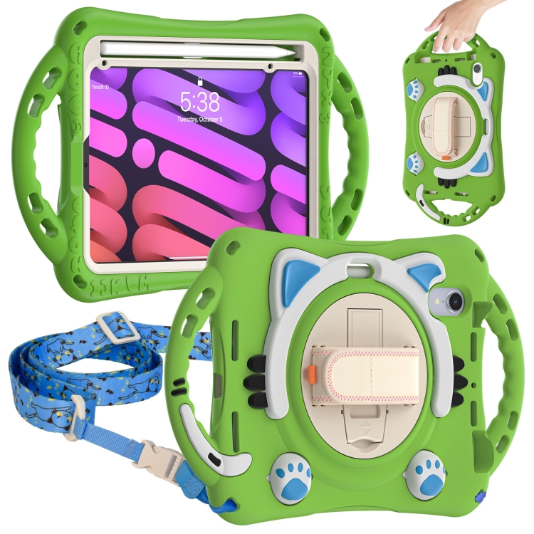 

Cute Cat King Kids Shockproof EVA Protective Case with Holder & Shoulder Strap & Handle For iPad mini 6(Green)