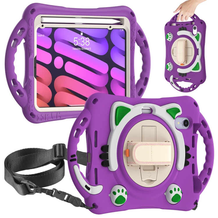 

Cute Cat King Kids Shockproof EVA Protective Case with Holder & Shoulder Strap & Handle For iPad mini 6(Purple)