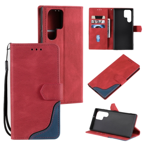 

For Samsung Galaxy S22 Ultra 5G Three-color Stitching Calf Texture Horizontal Flip Phone Leather Case with Holder & Card Slots & Wallet(Red)