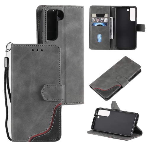 

For Samsung Galaxy S22 5G Three-color Stitching Calf Texture Horizontal Flip Phone Leather Case with Holder & Card Slots & Wallet(Grey)