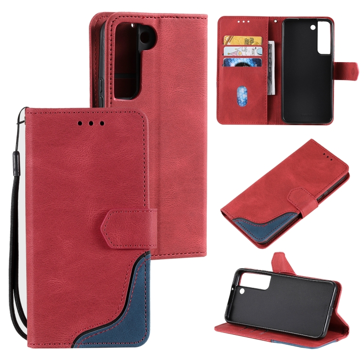 

For Samsung Galaxy S22 5G Three-color Stitching Calf Texture Horizontal Flip Phone Leather Case with Holder & Card Slots & Wallet(Red)