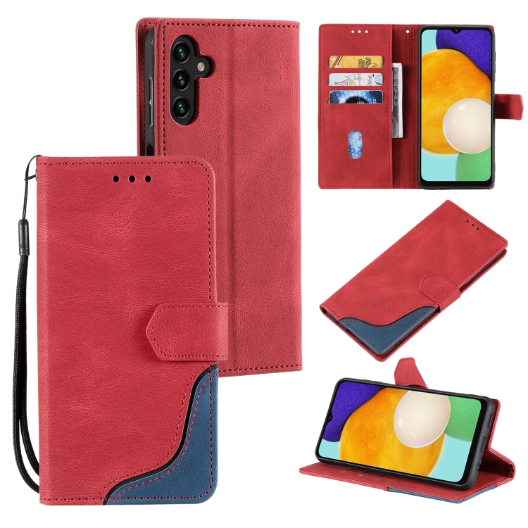 

For Samsung Galaxy A13 5G Three-color Stitching Calf Texture Horizontal Flip Phone Leather Case with Holder & Card Slots & Wallet(Red)