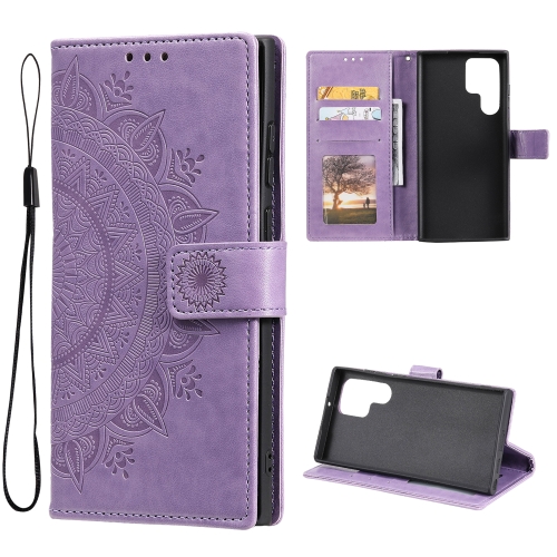 

For Samsung Galaxy S22 Ultra 5G Totem Flower Embossed Horizontal Flip Phone Leather Case with Holder & Card Slots & Wallet(Purple)