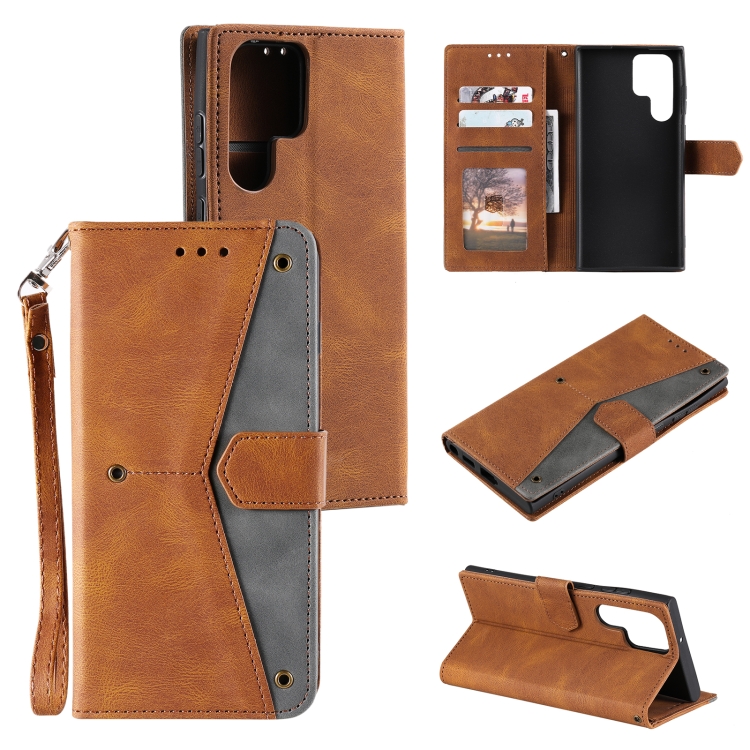 

For Samsung Galaxy S22 Ultra 5G Stitching Calf Texture Horizontal Flip Phone Leather Case with Holder & Card Slots & Wallet(Brown)