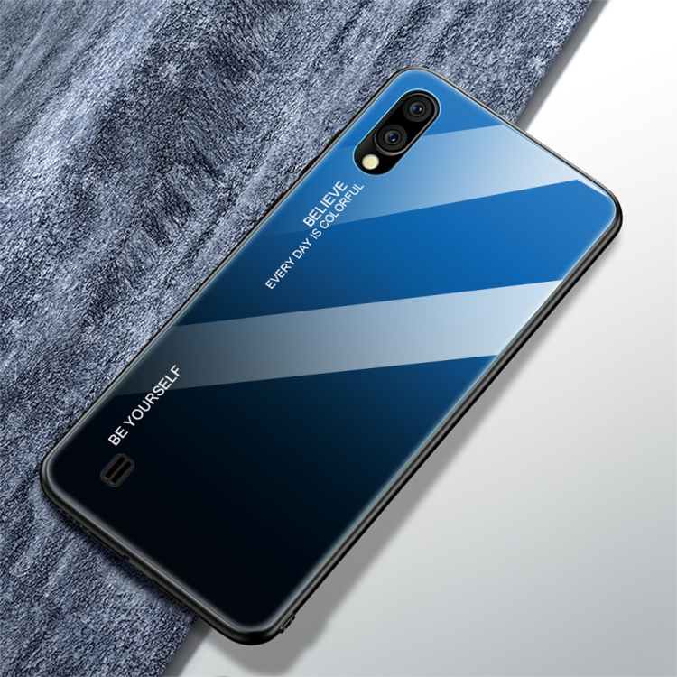 

For Galaxy M10 Gradient Color Glass Case(Blue)