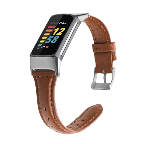 

For Fitbit Charge 5 FC5-18 Leather Strap Watchband, Size:S(Brown)