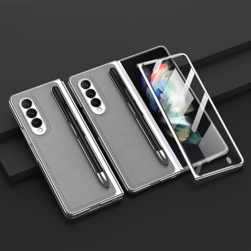 

For Samsung Galaxy Z Fold3 5G GKK Integrated Plating + Leather Phone Case with Pen Slot(Grey)