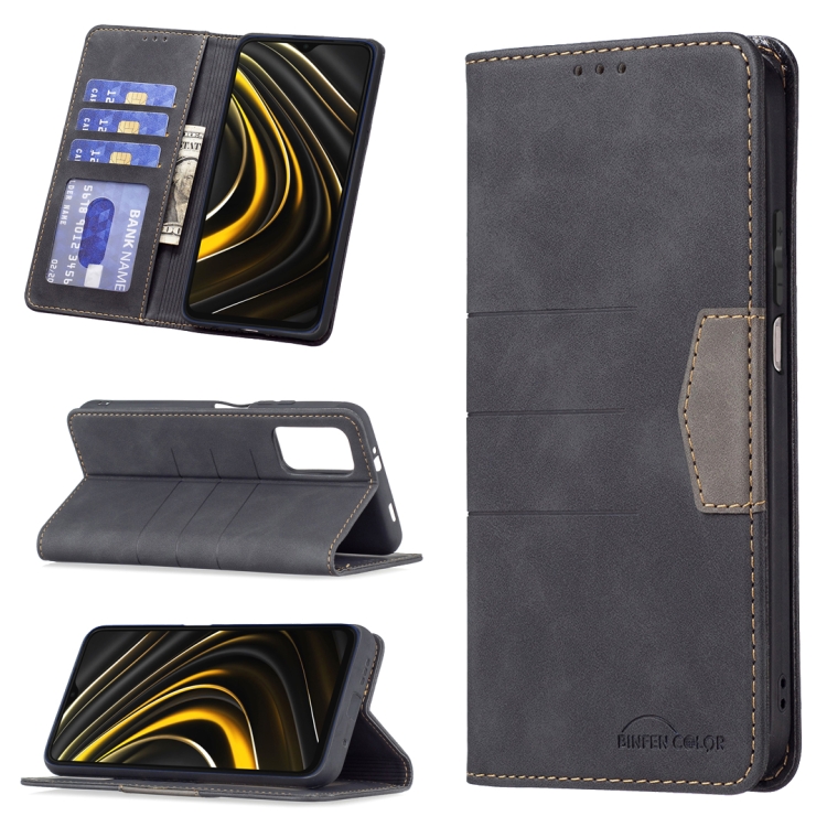 

For Xiaomi Poco M3 / Redmi Note 9 4G Magnetic Splicing Leather Phone Case(Black)