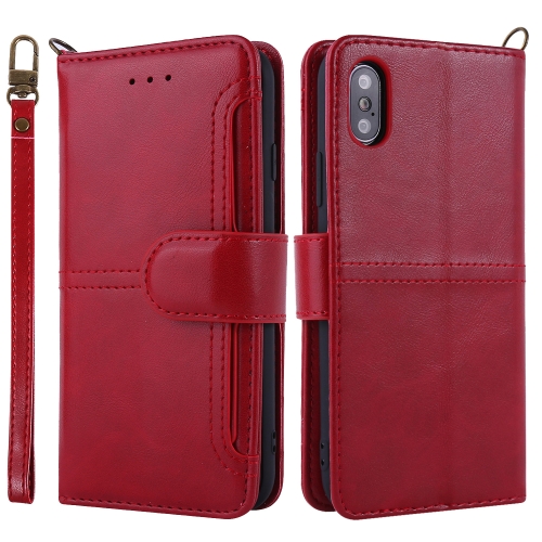 

For iPhone XS / X Lambskin Texture Horizontal Flip PU Leather Case with Holder & Card Slots & Frame & Lanyard(Red)