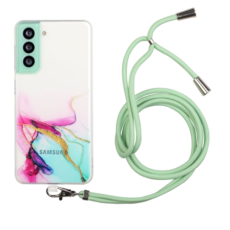 

For Samsung Galaxy S22+ 5G Hollow Marble Pattern TPU Shockproof Phone Case with Neck Strap Rope(Green)