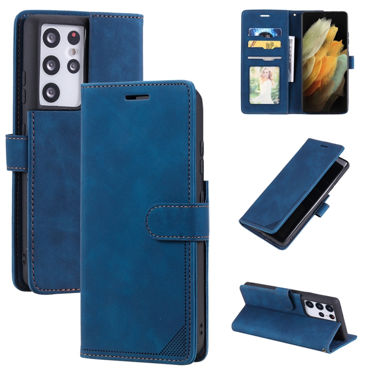 

For Samsung Galaxy S21 Ultra 5G Skin Feel Anti-theft Brush Horizontal Flip Leather Phone Case(Blue)