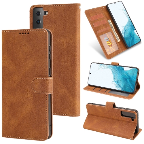 

For Samsung Galaxy S22 5G Fantasy Classic Skin-feel Calfskin Texture Magnetic Buckle Horizontal Flip PU Phone Leather Case with Holder & Card Slot & Wallet(Brown)