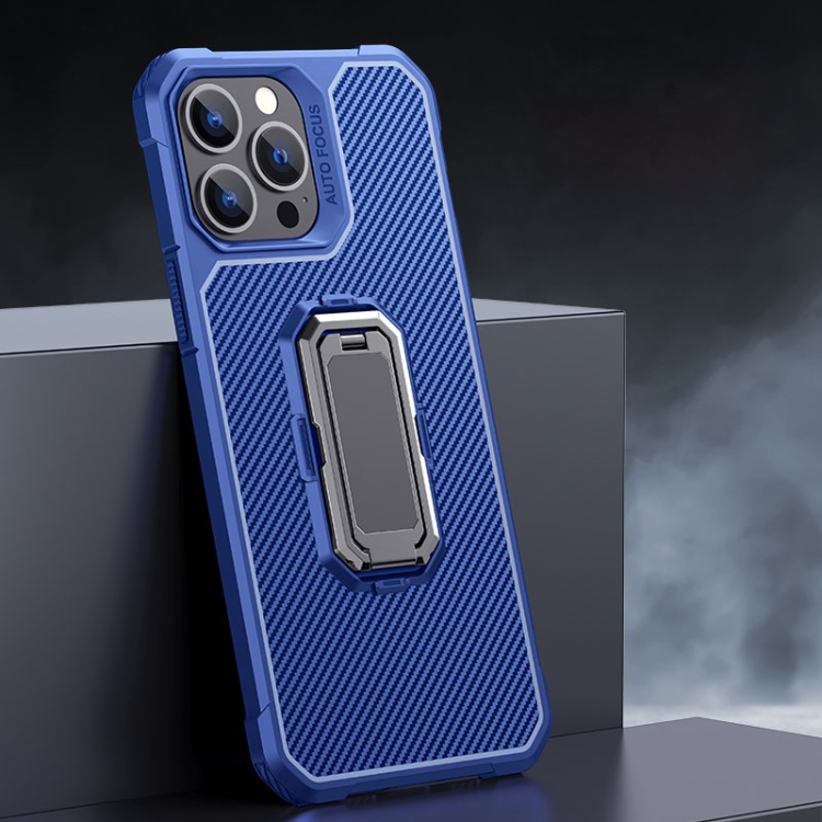 

Carbon Fiber Texture Phone Case with Holder For iPhone 13 Pro(Blue+Black)