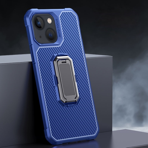 

Carbon Fiber Texture Phone Case with Holder For iPhone 13 mini(Blue+Black)