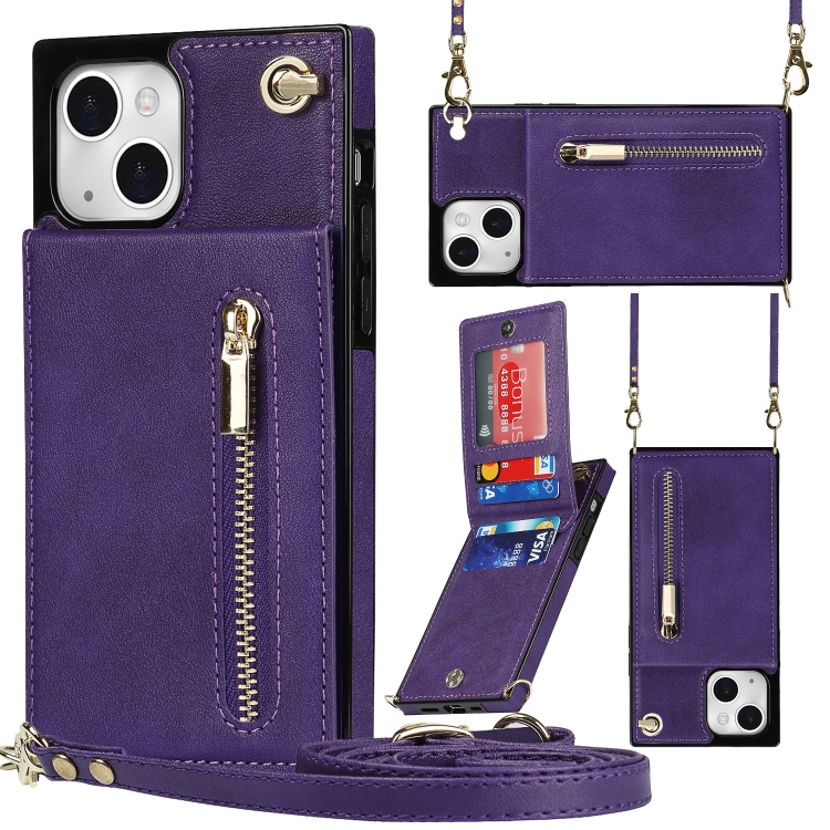 

Cross-body Zipper Square Phone Case with Holder For iPhone 13 mini(Purple)