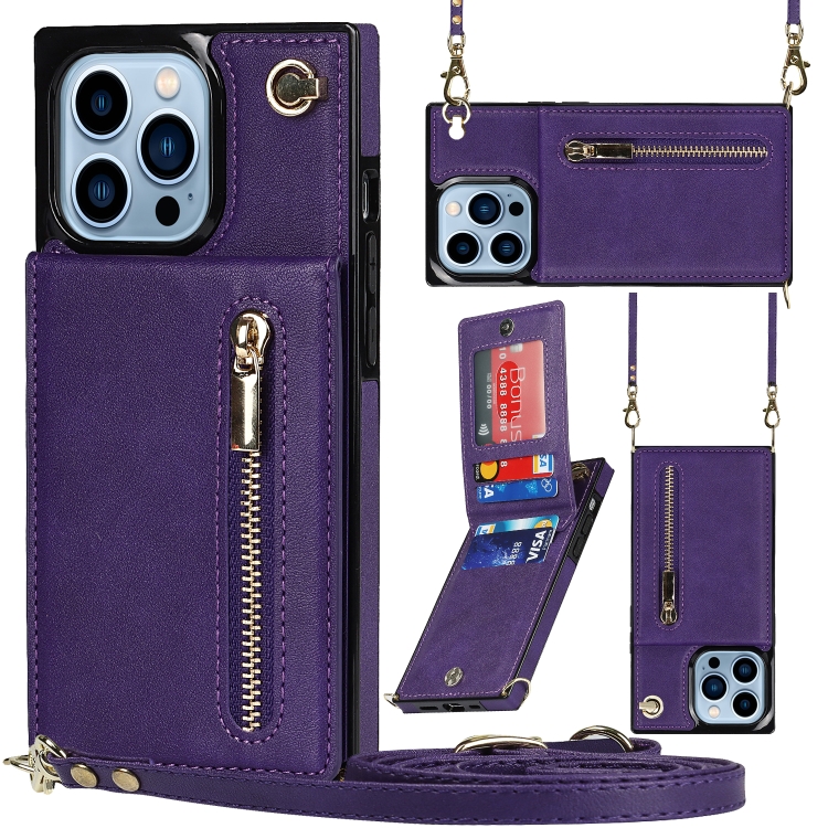 

Cross-body Zipper Square Phone Case with Holder For iPhone 13 Pro Max(Purple)