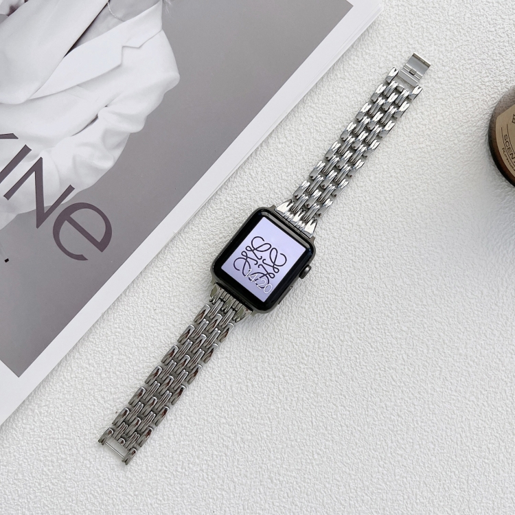 

Five Baht Stripes Stainless Steel Strap Watchband For Apple Watch Series 7 45mm / 6&SE&5&4 44mm / 3&2&1 42mm(Silver)