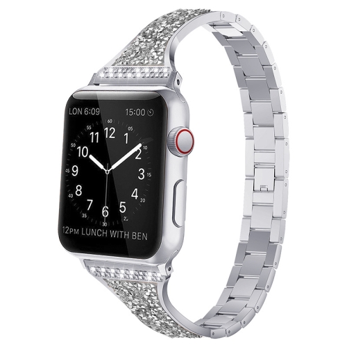 

Diamond Encrusted Leather Strap Watchband For Apple Watch Series 7 41mm / 6&SE&5&4 40mm / 3&2&1 38mm(Silver)
