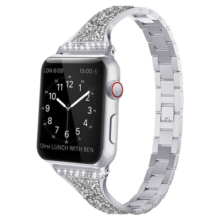 

Diamond Encrusted Leather Strap Watchband For Apple Watch Series 7 45mm / 6&SE&5&4 44mm / 3&2&1 42mm(Silver)