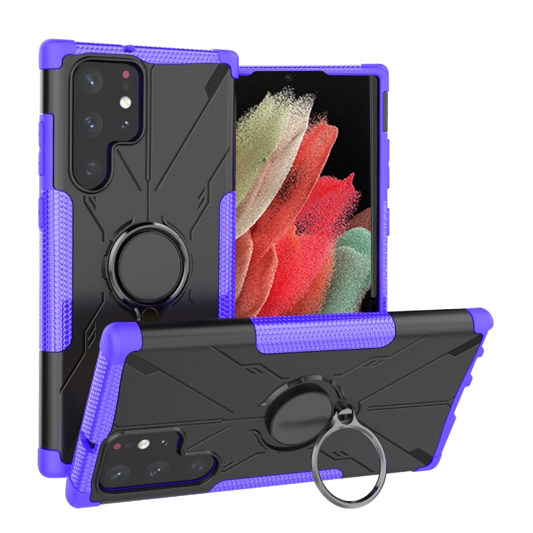 

For Samsung Galaxy S22 Ultra 5G Armor Bear Shockproof PC + TPU Phone Case with Ring Holder(Purple)