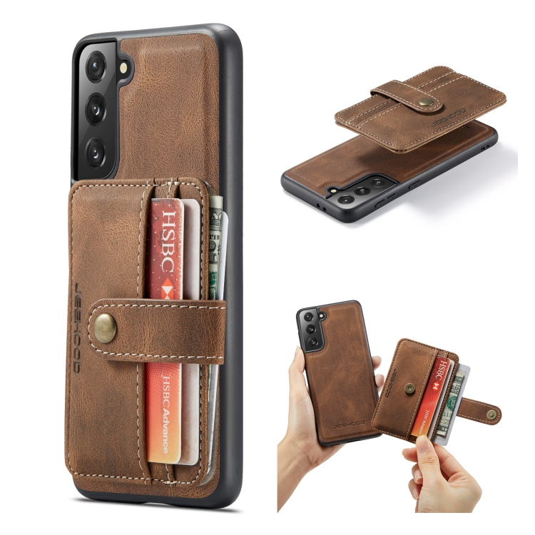 

For Samsung Galaxy S21+ 5G JEEHOOD RFID Blocking Anti-Theft Magnetic PU + TPU Phone Case with Card Slot(Brown)