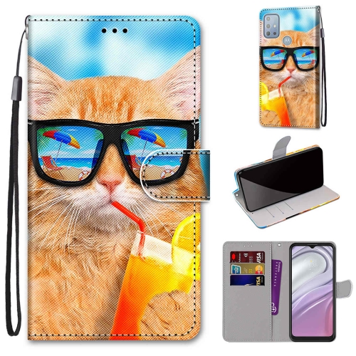 

For Motorola Moto G10/G20/G30 Coloured Drawing Cross Texture Horizontal Flip Leather Phone Case with Holder & Card Slots & Wallet & Lanyard(Cat Drinking Soda)