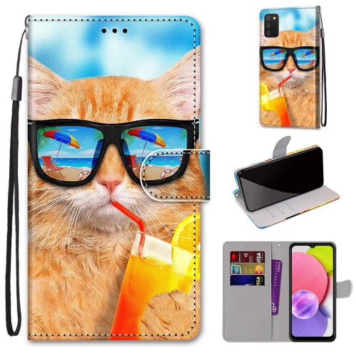 

For Samsung Galaxy A03s 166mm Version Coloured Drawing Cross Texture Horizontal Flip Leather Phone Case with Holder & Card Slots & Wallet & Lanyard(Cat Drinking Soda)