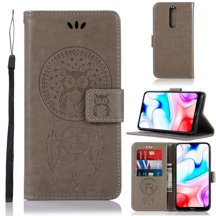 

For Xiaomi Redmi 8 Wind Chime Owl Embossing Pattern Horizontal Flip Leather Case with Holder & Card Slots & Wallet(Grey)