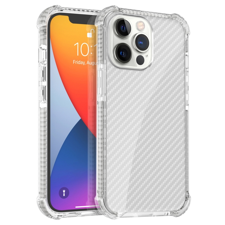 

Carbon Fiber Texture Four-corner Shockproof Phone Case For iPhone 13 Pro(White)