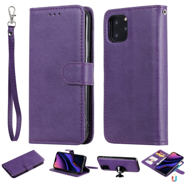 

For iPhone 11 Pro Solid Color Horizontal Flip Protective Case with Holder & Card Slots & Wallet & Photo Frame & Lanyard(Purple)