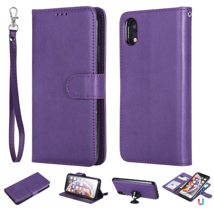 

For iPhone XR Solid Color Horizontal Flip Protective Case with Holder & Card Slots & Wallet & Photo Frame & Lanyard(Purple)
