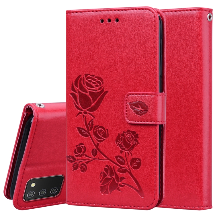 

For Samsung Galaxy A02s Rose Embossed Leather Phone Case(Red)