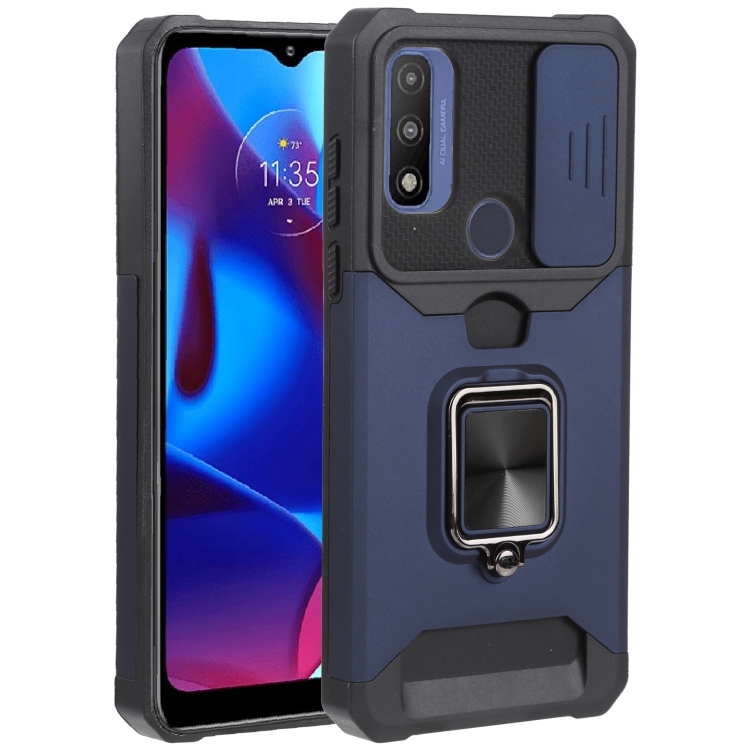 

For Motorola Moto G Pure Sliding Camera Cover Design PC + TPU Shockproof Phone Case with Ring Holder & Card Slot(Blue)