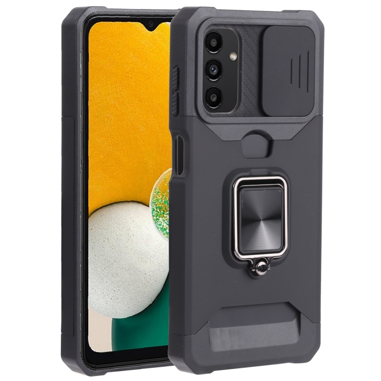

For Samsung Galaxy A13 5G Sliding Camera Cover Design PC + TPU Shockproof Phone Case with Ring Holder & Card Slot(Black)