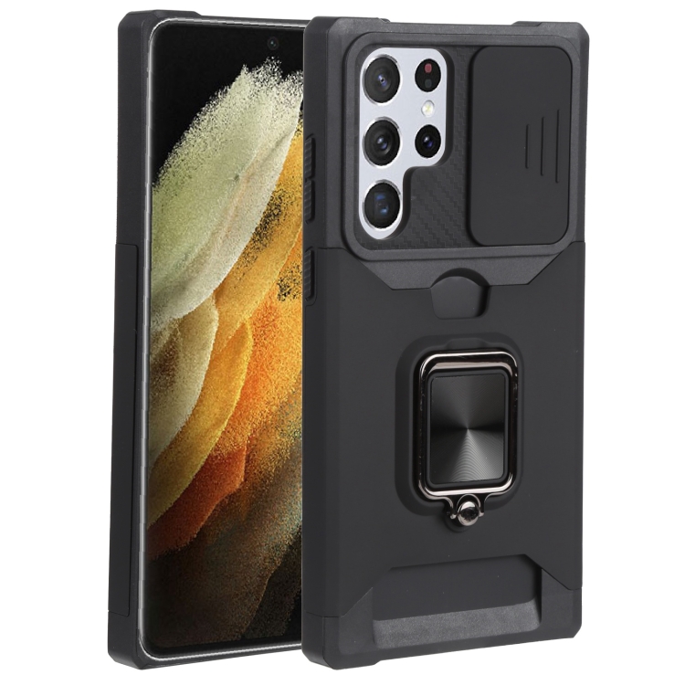 

For Samsung Galaxy S22 Ultra 5G Sliding Camera Cover Design PC + TPU Shockproof Phone Case with Ring Holder & Card Slot(Black)