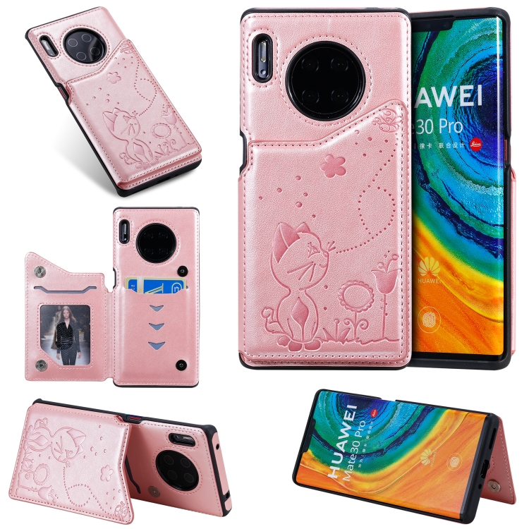 

For Huawei Mate30 Pro Cat Bee Embossing Pattern Shockproof Protective Case with Card Slots & Photo Frame(Rose Gold)