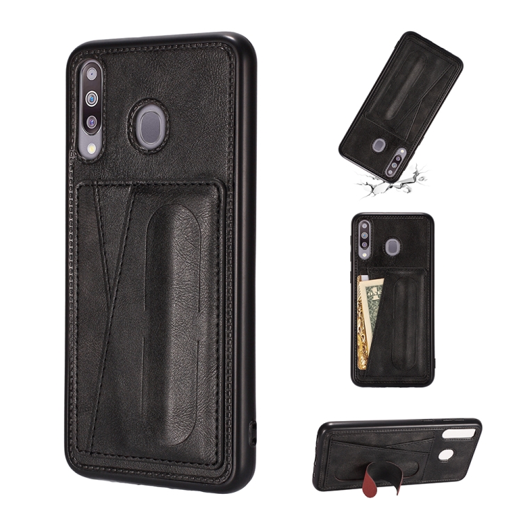 

For Galaxy A20S Shockproof PC + PU Protective Case with Spring Holder & Card Slot(Black)