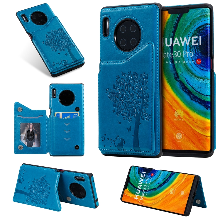 

For Huawei Mate30 Pro Cat Tree Embossing Pattern Shockproof Protective Case with Card Slots & Photo Frame(Blue)