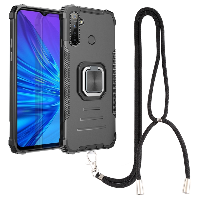 

For OPPO Realme 5 Aluminum Alloy + TPU Phone Case with Lanyard(Black)