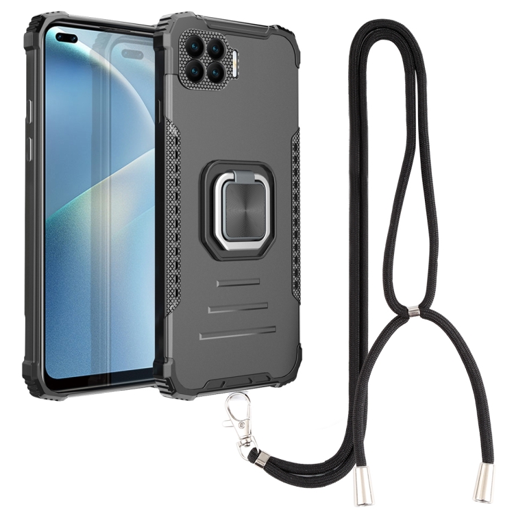 

For OPPO Reno4 F Aluminum Alloy + TPU Phone Case with Lanyard(Black)
