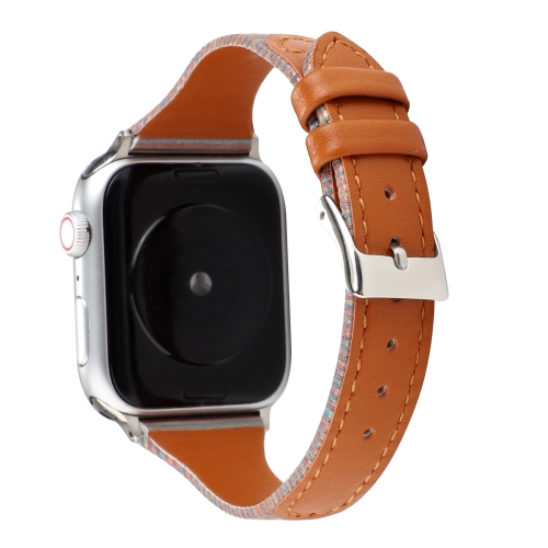

For Apple Watch Series 6 & SE & 5 & 4 40mm / 3 & 2 & 1 38mm Stitching Stripes Genuine Leather Strap Watchband(Brown)