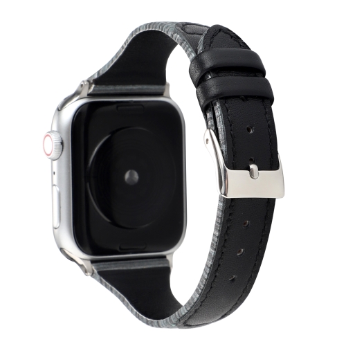 

For Apple Watch Series 5 & 4 44mm / 3 & 2 & 1 42mm Stitching Stripes Genuine Leather Strap Watchband(Black)