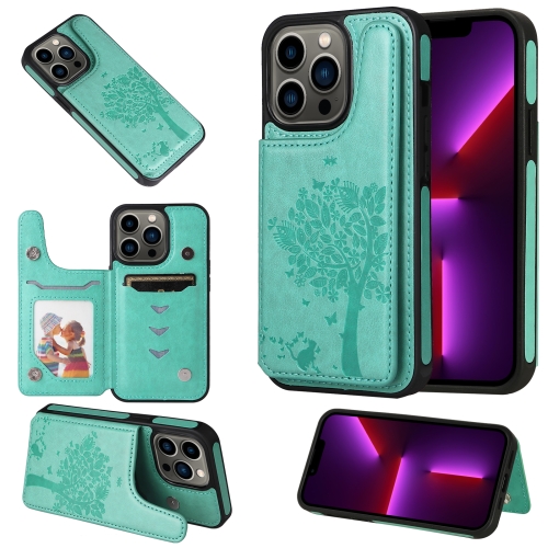 

Cat Tree Embossing Pattern Shockproof Phone Case For iPhone 13 Pro(Green)
