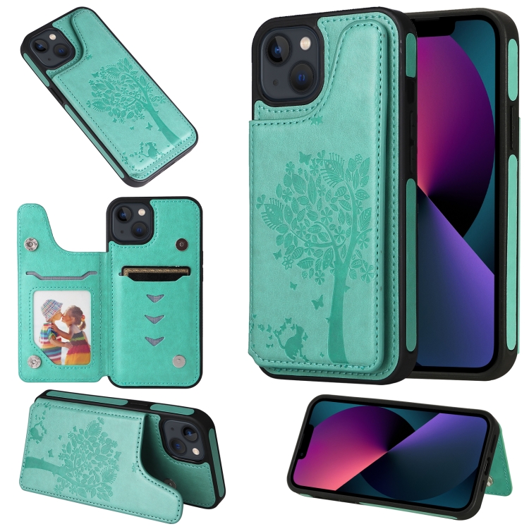 

Cat Tree Embossing Pattern Shockproof Phone Case For iPhone 13 mini(Green)