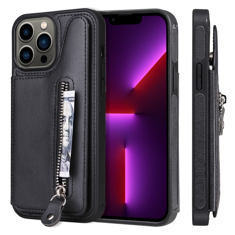

Solid Color Double Buckle Zipper Shockproof Phone Case For iPhone 13 Pro Max(Black)